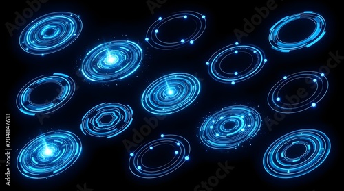 Cinematic Close-Up Array of Twelve Glowing Blue Circular Futuristic HUD Elements on Black