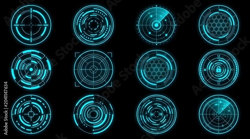 Data Stream Style Twelve Glowing Blue Circular Futuristic HUD Elements on Black Background