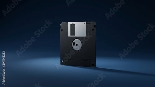 A vintage 3.5-inch floppy disk, a relic of early computing technology, is presented against a dark blue gradient background with dramatic lighting