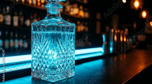 A crystal decanter filled with clear liquid sits on a bar top, illuminated by a vibrant blue neon light