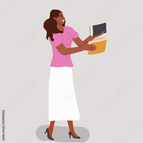 A young woman is standing upright, offering and handing books to someone.