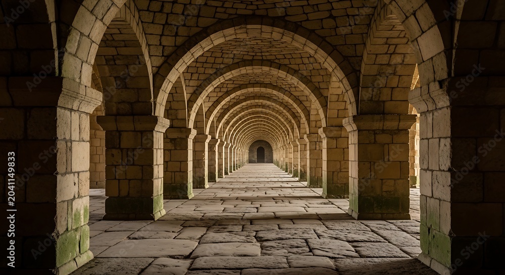 Obraz premium Ancient Stone Tunnel with Arched Ceilings and Pathway.
