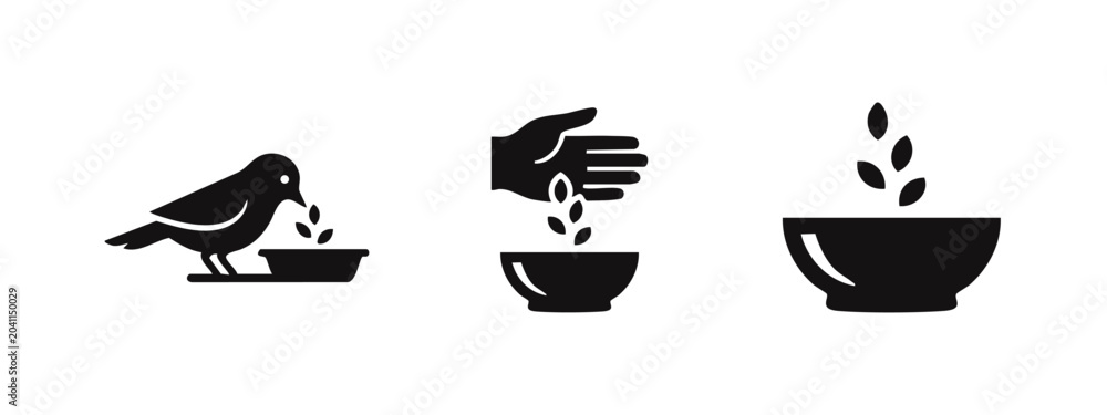Obraz premium Bird Feeding Icons Set, Seed and Food, Black Silhouette