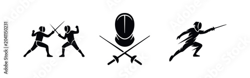 Cuadro en lienzo Fencing Icons Set, Swordsmanship and Combat Sport, Black Silhouette