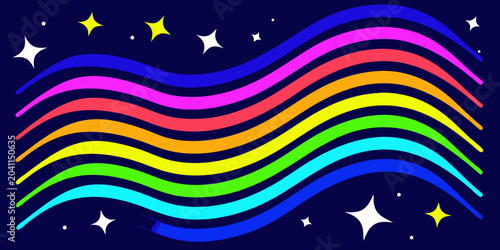 vibrant rainbow colored wave pattern on dark blue background colorful stripes curved