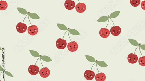 Pattern of cute red cherries with happy winking faces on a light background creates a cheerful and playful fruit design.