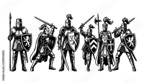 Canvas-taulu Medieval Armor Knight Set with Swords Shields and Helmets Black White Vector
