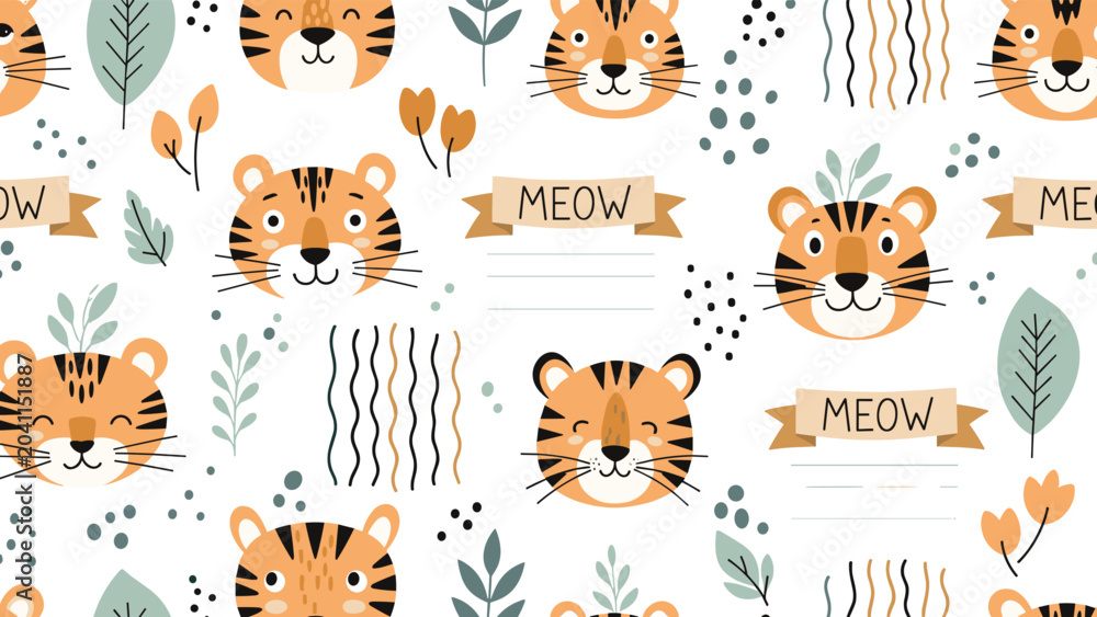 Obraz premium Seamless pattern with cute tiger faces and leaves including the text meow for playful children textile and wallpaper.