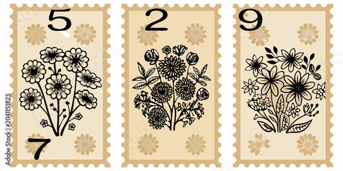 hand drawn floral postage stamps vector illustration flowers botanical stamp design vintage