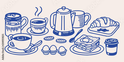 Bild auf Leinwand traditional breakfast items line drawing coffee cup mug croissant sandwich egg s