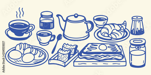 Schilderij op canvas traditional breakfast items line drawing coffee cup tea pot croissant egg toast