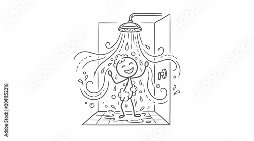 фотографія A joyful stick figure person happily showering under a stream of water, with soap suds and water splashes all around