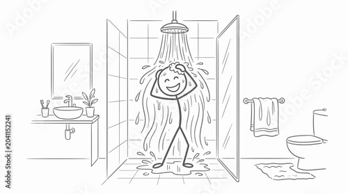 Photography A stick figure happily showering in a tiled bathroom with a sink, mirror, toilet, and towels