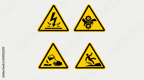 Foto Four yellow triangular warning signs depicting electrical hazard, crushing hazard, hot liquid spill, and slipping hazard
