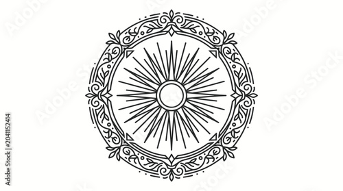 Quadro em tela Ornate circular emblem featuring a radiant sunburst at its center, enclosed by decorative filigree and scrollwork