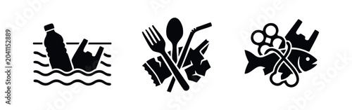Tableau sur toile Plastic Pollution Icons: Bottle in Water, Utensils, and Fish Entangled