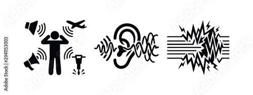 Photos Noise Pollution Icons: Loud Sounds, Distressed Person, and Sound Waves