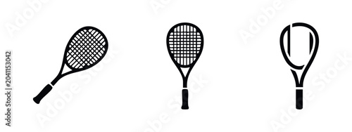 Photos Collection of three black silhouette tennis racket icons on a white background