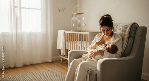 Young mother tenderly breastfeeding her newborn baby in a cozy nursery armchair, a symbol of maternal love and early bonding