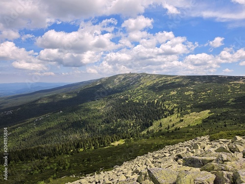 Panoramic Mountain View with Rocky Scree Slope and Forest Valley in Karkonosze