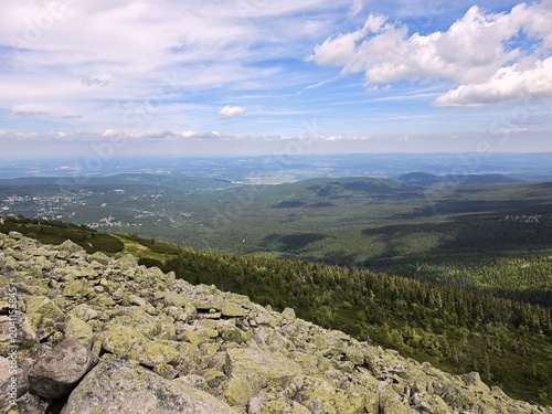 High Angle View of Vast Forest Valley from Rocky Mountain Slope