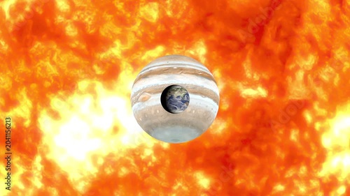 Size comparison between Earth Jupiter and the Sun