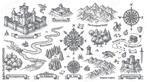 Fotografija Fantasy Map Elements: Castle, Mountains, Compass, Treasure, Knight, Dragon