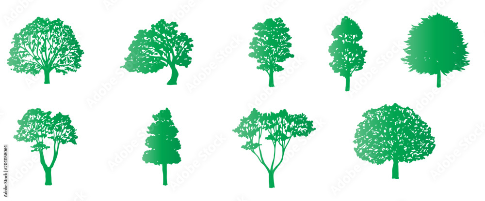 Fototapeta premium Collection of diverse green trees in various shapes and sizes, isolated on white.