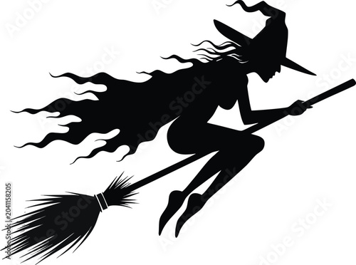 Black silhouette witch flying on broomstick, Halloween vector icon