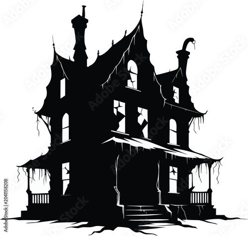 Spooky haunted house, creepy mansion silhouette, black Gothic architecture, Halloween vector icon