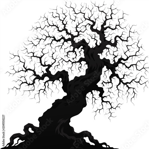 Black tree silhouette, twisted branches, root system, isolated vector graphic