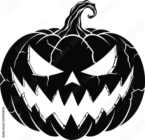 Halloween pumpkin, spooky face, black and white vector, jack-o-lantern icon, scary symbol