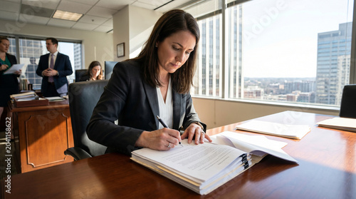Lawyer working with documents at desk with city view office