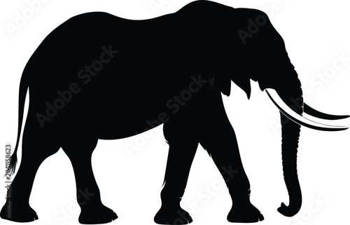 Black elephant silhouette, mammal icon, wildlife symbol, vector graphic