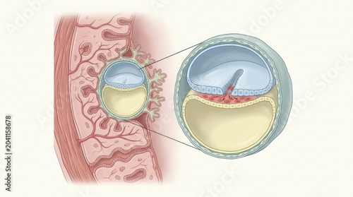 Initial biological genesis: embryo develop, human pregnancy, uterus implant, cell division, womb growth, prenatal stage, gestation initiate, life begin, anatomy detail, biology process.