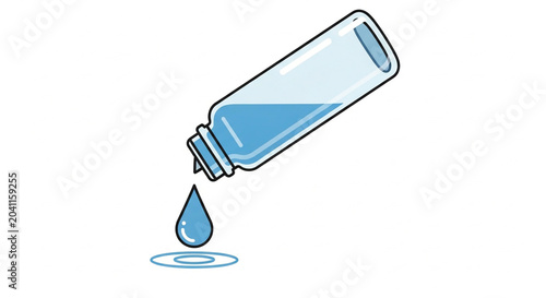 A blue transparent bottle icon with droplet falling and rippling effect in vector style