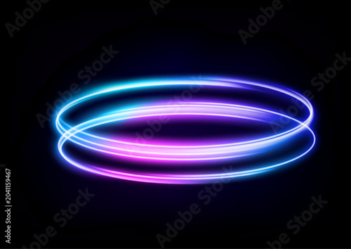 Neon glowing spiral vortex with blue and purple light rings isolated on black background