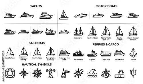 Minimal watercraft vector icon set boat and yacht illustrations