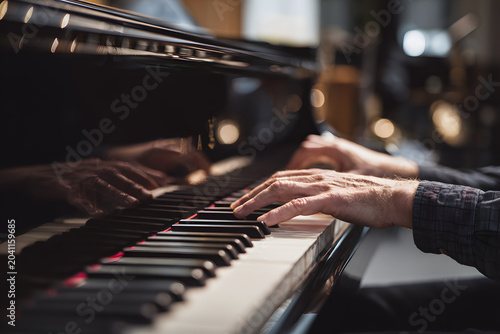 Musician's hands skillfully playing a grand piano, with focus on the keys and beautiful reflections on the glossy surface.