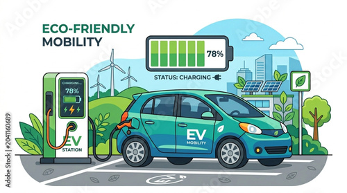 Eco friendly electric car charging at EV station vector illustration with battery power level indicator, wind turbines, and sustainable green city concept