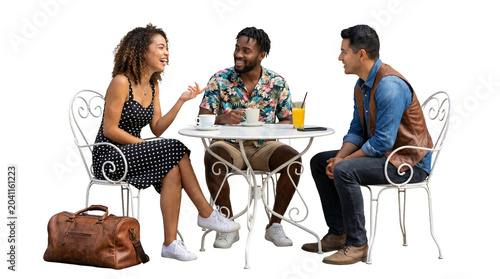 Three diverse friends talking at a white bistro table with coffee and duffel bag, isolated cutout on white background