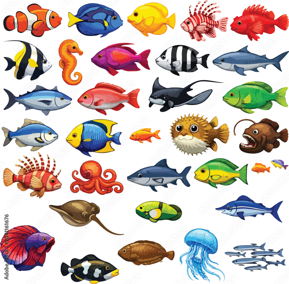 Obraz premium A Vibrant Collage of Marine Life: A captivating collection of diverse aquatic creatures, from colorful reef fish and a gentle seahorse to a playful octopus and a majestic jellyfish.