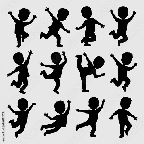 playful little boys dancing and jumping silhouettes collection vector graphic