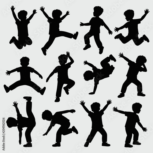 boys doing acrobatic stunts and energetic dance silhouette set