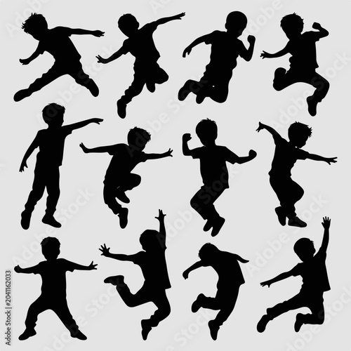 happy jumping children silhouettes set active boys in motion vector illustration