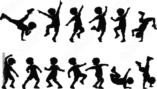 active boys breakdancing and jumping silhouette vector set on white background