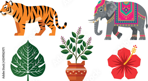 Photography Indian Culture and Wildlife Vector Element Set with Bengal Tiger Decorated Festi