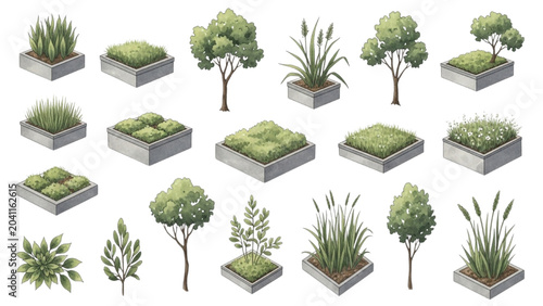 Green Roof Planting and Rooftop Landscape Watercolor Vector Set for Sustainable Architecture