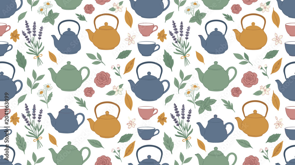 Fototapeta premium Charming Tea Time Pattern: Teapots Mugs Lavender and Delicate Botanicals