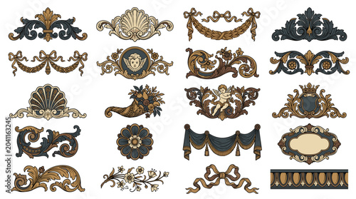 A collection of ornate classic baroque and rococo decorative vector elements